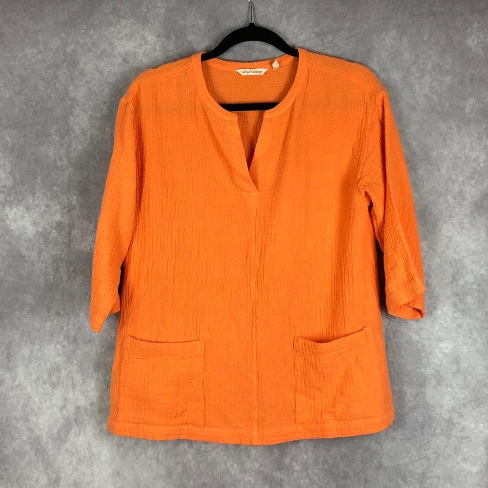 Soft Surroundings Araza Gauze‎ Tunic Top V Neck 3/4 Sleeve Shirt Nectarine Small